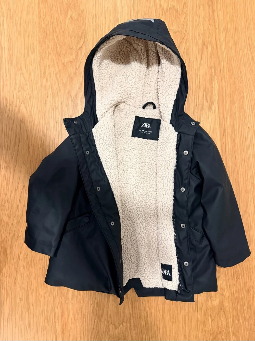 Zara Kids Black Hooded Raincoat with Cream Sherpa Lining
